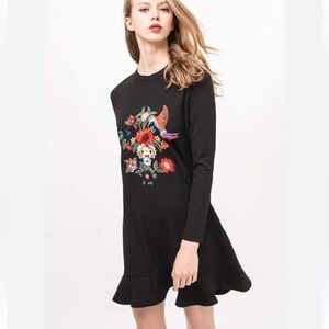 Zara Black Floral Embroidered Hummingbird Dress Size Large